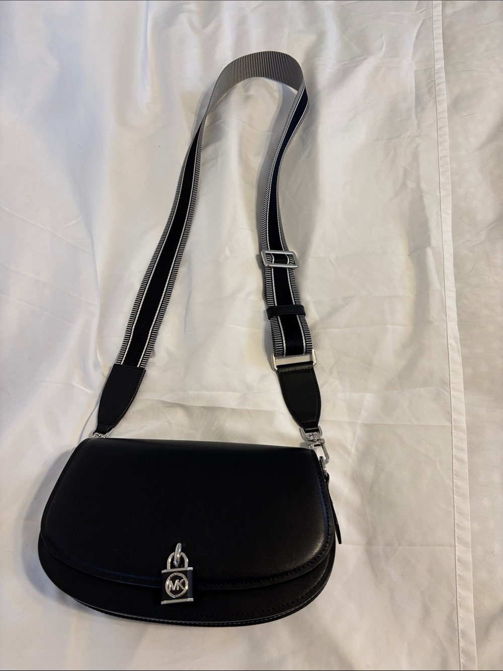 Michael Kors Black Leather Crossbody with Striped Webbing Strap - Picture 2 of 4